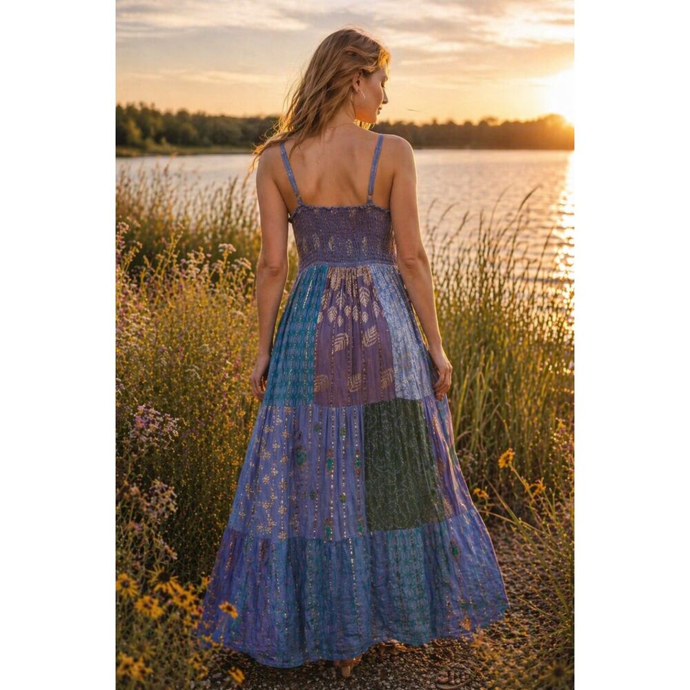 Blue Patchwork Maxi Sundress Gold Metallic Boho, Flowy Artisan Dress - Picture 3 of 4